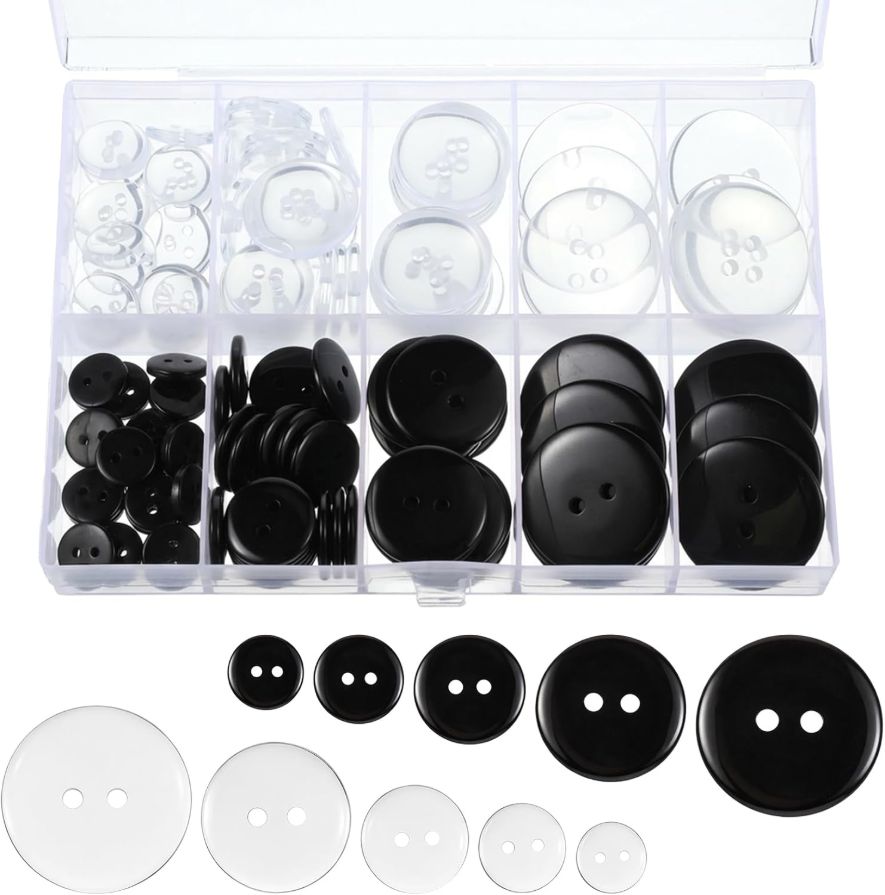 160PCS 2-Hole Buttons for Crafts, 5 Sizes of Round Mixed Sewing Buttons for Clothes Pants Shirt Coat, Plastic Round Button Bulk Supplies for DIY Crafts(Clear & Black)
