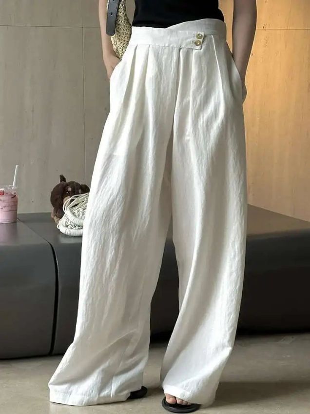 Women's White Linen Straight Wide Leg Pants