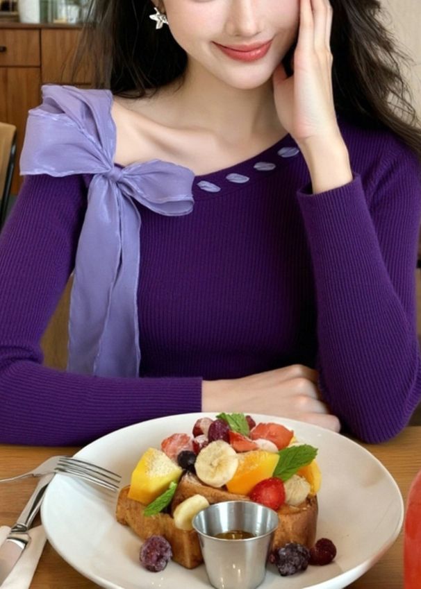 Stylish Purple Bow Solid Knit Sweater Winter