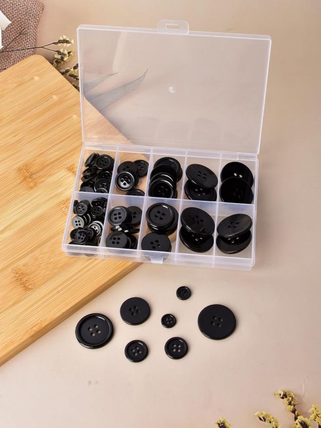 100 Pcs Black Resin Sewing Buttons ?C 4-Hole Craft Buttons, 5 Sizes Round Mixed with Storage Box for DIY & Holiday Decor