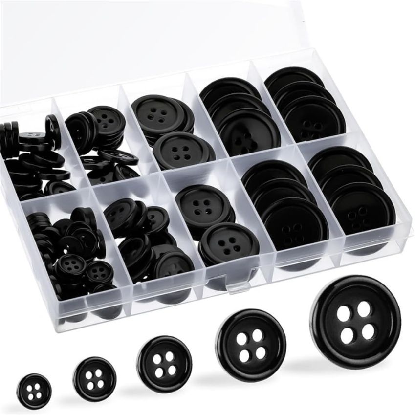 100 Piece Black Buttons Assortment Mixed Sizes 4 Holes Sewing Buttons for Clothing Repair and DIY Crafts
