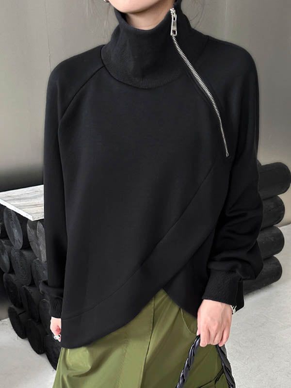 Street Black High Neck With Zipper Asymmetric Hem Long Sleeves Sweatshirt