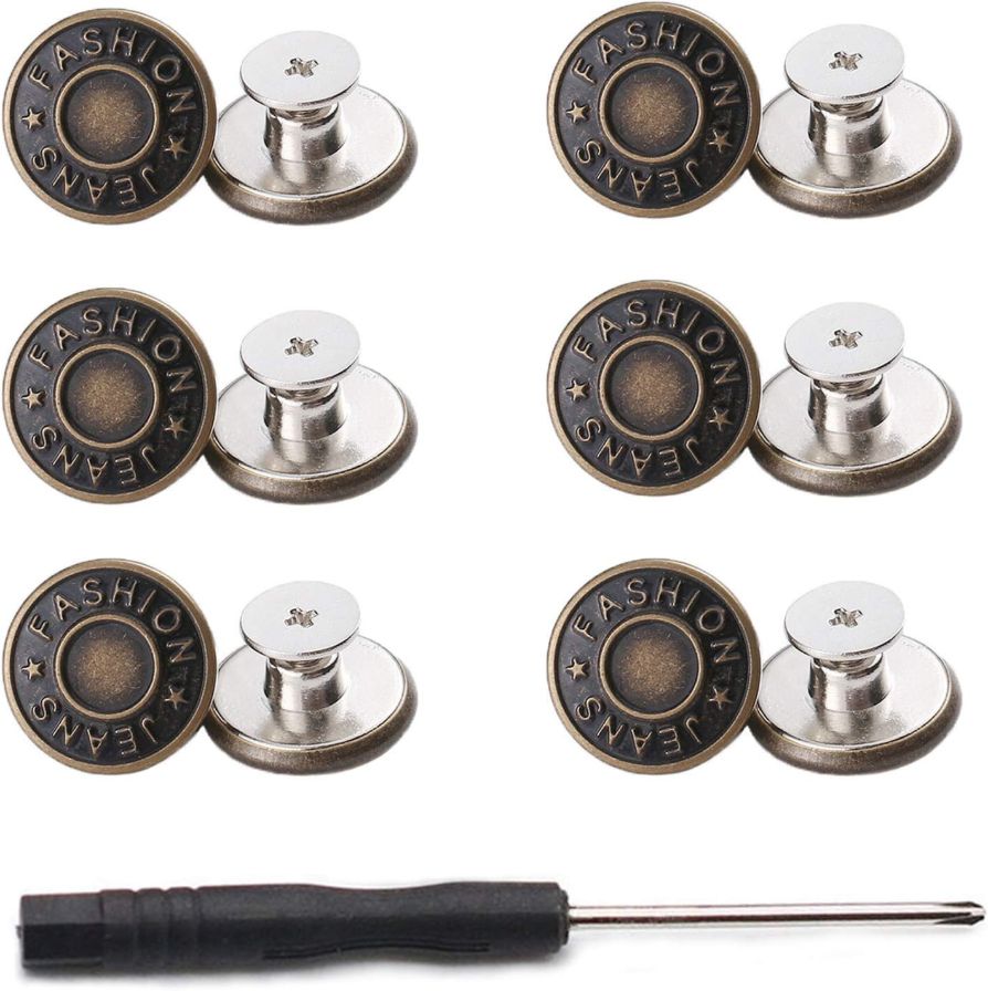 GIYOMI 20mm No Sewing Jeans Buttons Replacement Kit with Metal Base,12 Sets Nailess Removable Metal Buttons Replacement Repair Combo Thread Rivets and Screwdrivers (0.79 inch)