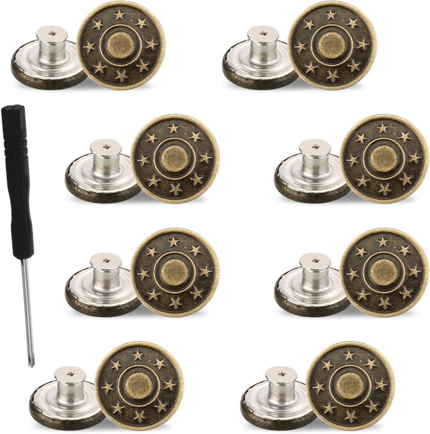 Molain 8 Pcs Jean Button Replacement Kit, 20mm No-Sew Metal Buttons for Clothes, Adjustable Pants Button Tightener with Screwdriver