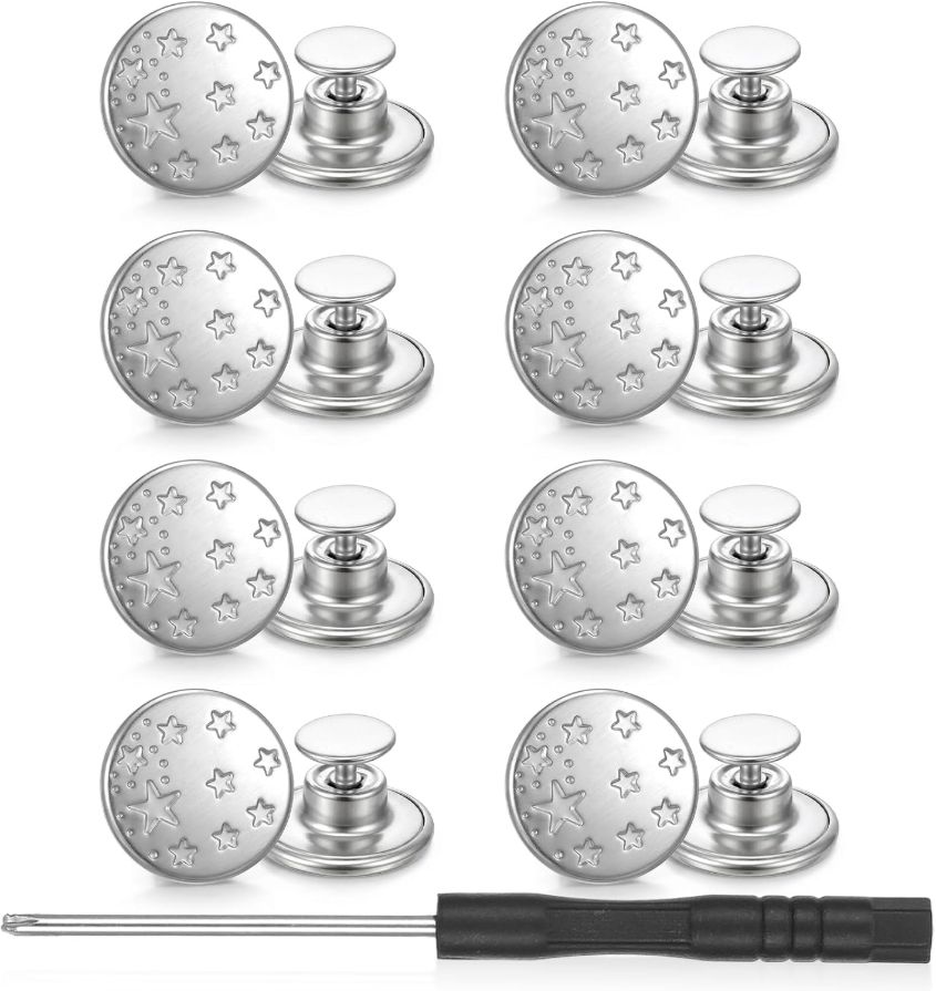 8 Pcs Metal Button for Jeans Repair Kit, 17mm No-Sew Buttons for Clothes Pants Jeans Button Replacement Buttons Repair Kit with Thread Rivets & Screwdriver