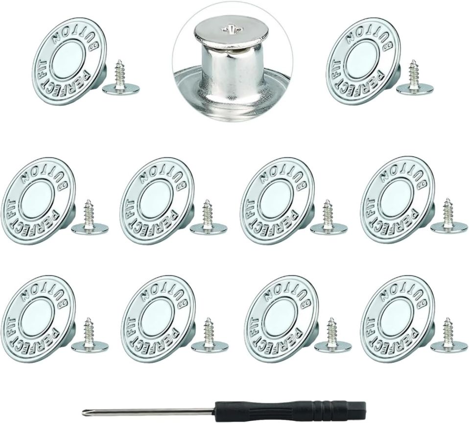 No-Sew Jeans Button Replacement Kit, 10 Sets Metal Snap Tack Buttons with Tools,2025 New Model, Bronze (14#)
