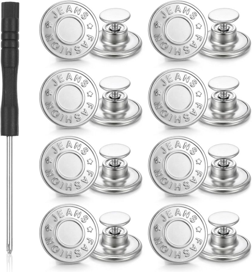 12 Pcs Metal Jean's Button, 17mm No-Sew Removable Buttons for Clothes Pants Jeans Button Replacement Buttons Repair Kit with Thread Rivets & Screwdriver(Silver)