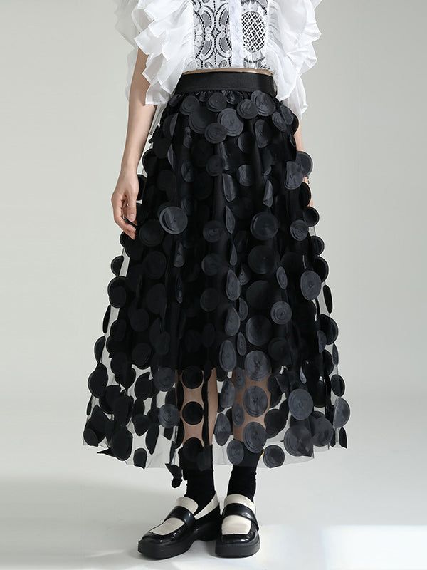 Chic High Waisted Black Polka-Dot Tulle Mesh Split-Joint A-Line Skirt