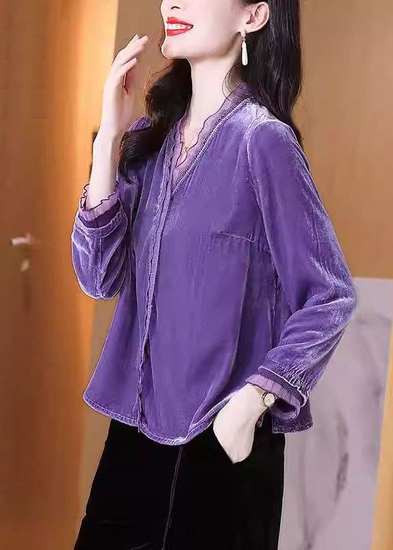 Vintage Purple Tulle Patchwork Side Open Silk Velour Shirt Fall