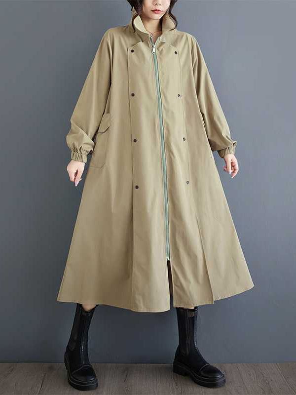 Casual Khaki Lapel Buttoned Pockets Long Sleeves Zip-up Trench Coat