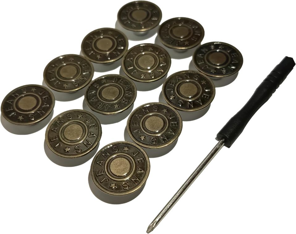 12 Sets 11/16" Inch (17mm) Button Pins for Loose Jeans, No Sew and No Tools Instant Easy Replacement Snap Tack Pant Button, Reusable and Adjustable Metal Pants Buttons Tightener Jeans Bronze