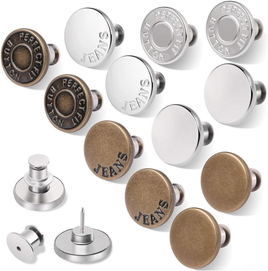 Button pins for Jeans, No Sew and No Tools Instant Jean Button Pins for Pants,12 Sets Replacement Buttons, Simple Installation, Reusable and Adjustable