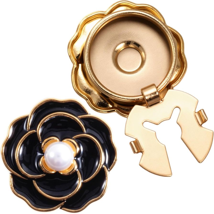 PAGOW 2pcs Pearl Button Jewelry Covers, Alloy Camellia Flower Pearl Button Covers for Women Blouses, Flower Buttons Clips for Shirts Cufflinks DIY Crafts Sewing - Black