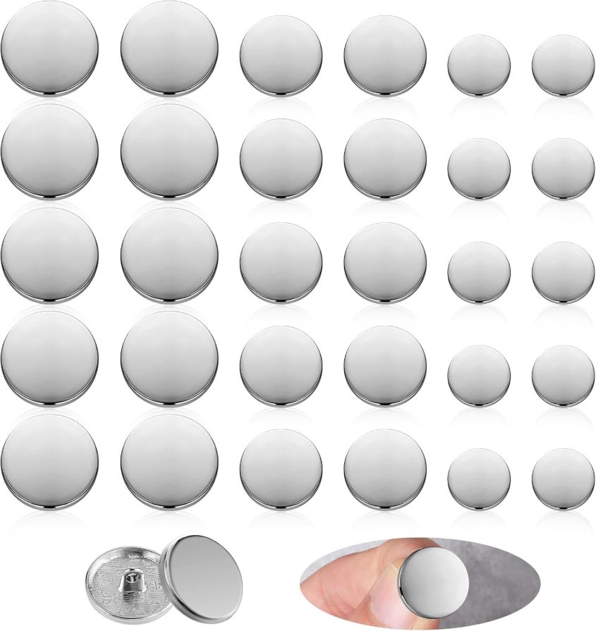 Metal Buttons, 30 Pcs Silver Round Flat Buttons for Clothes Vintage Sewing Buttons Clothes Accessories for Men Women Blazers Shirt Coat Uniform Jacket Suits Trousers DIY Sewing (15mm, 20mm, 25mm)