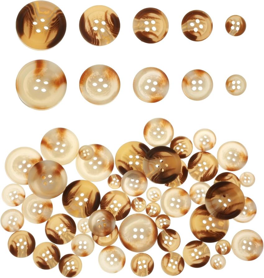 50-Piece Brown Buttons, Resin Coat Buttons for Sewing Shirts Coats & DIY Crafts, 5 Sizes 10mm 15mm 18mm 20mm 25mm