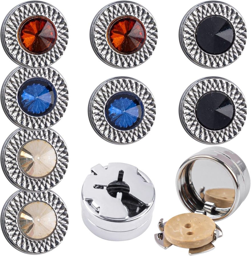 8 Pack Crystal Button Cover Shirt Cuffs for Formal Business Wedding Tuxedo