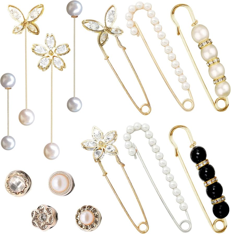 14 Pieces Brooch Safety Pins Pearl Brooch Button Pin Pant Waist Tightener Pins for Clothes Sweater Shawl Collar Dress Cardigan Shirt Jeans Accessories for Women Girls