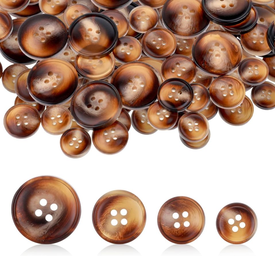 50 Pcs Brown Buttons for Clothes, 4 Sizes Blown Sewing Buttons 4 Hole Flatback Plastic Round Craft Sewing Button for Suits Coats DIY Manual Replacement, Shirts Pants Decorations (15/17.5/20/25 mm)