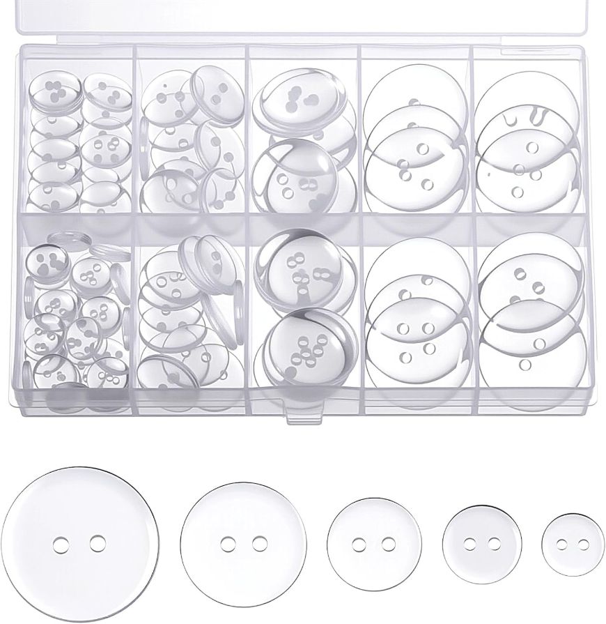 100 Pcs Clear Buttons, Buttons 2 Hole 5 Sizes of Round Mixed Button Round Plastic Button for Coats Dress Skirt DIY Crafts