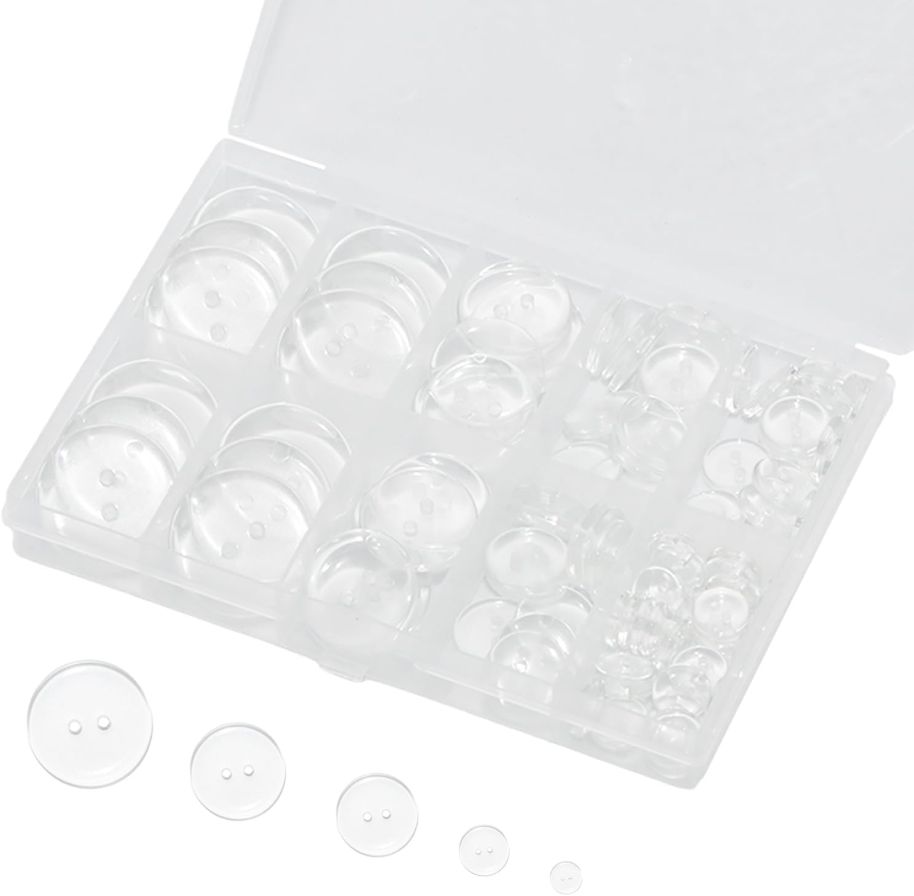 Lilaly 100 pcs 2 Holes Buttons for Crafts, Mixed Sewing Button, 5 Sizes of Round Mixed Buttons Suitable for for Crafts, Coats, Shirts, Pants, Shorts and More(Clear)