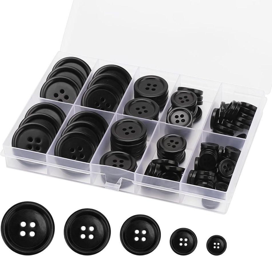 100 Pcs Premium Mixed Resin Sewing Buttons, ONEHERE Eco-Friendly 4-Hole Craft Buttons, 5 Sizes of Black Buttons Suitable for Sewing, DIY and Holiday Decoration(Black)
