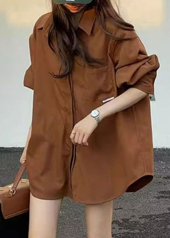 Plus Size Brown Peter Pan Collar Button Shirt Spring