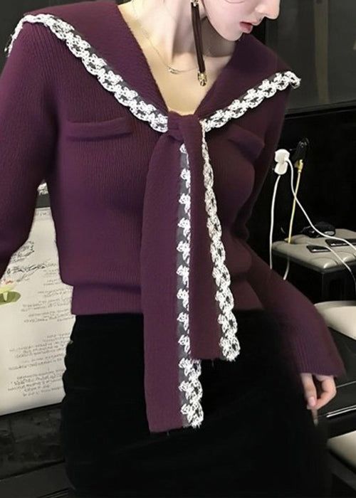 Women Purple Sailor Collar Lace Patchwork Knit Sweater Winter